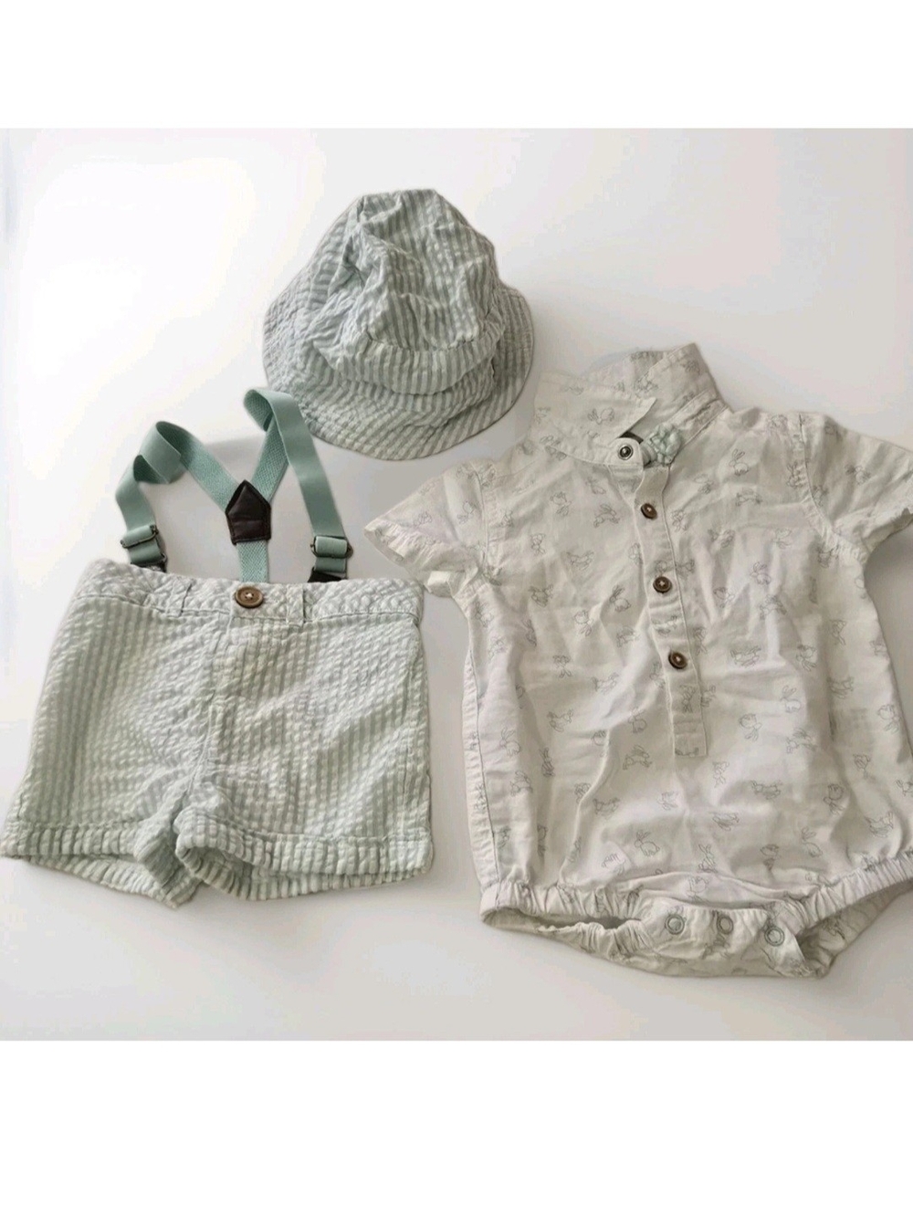 Tommy Bahama Baby Mint Green Seersucker Shorts Set with Hat & Suspenders
